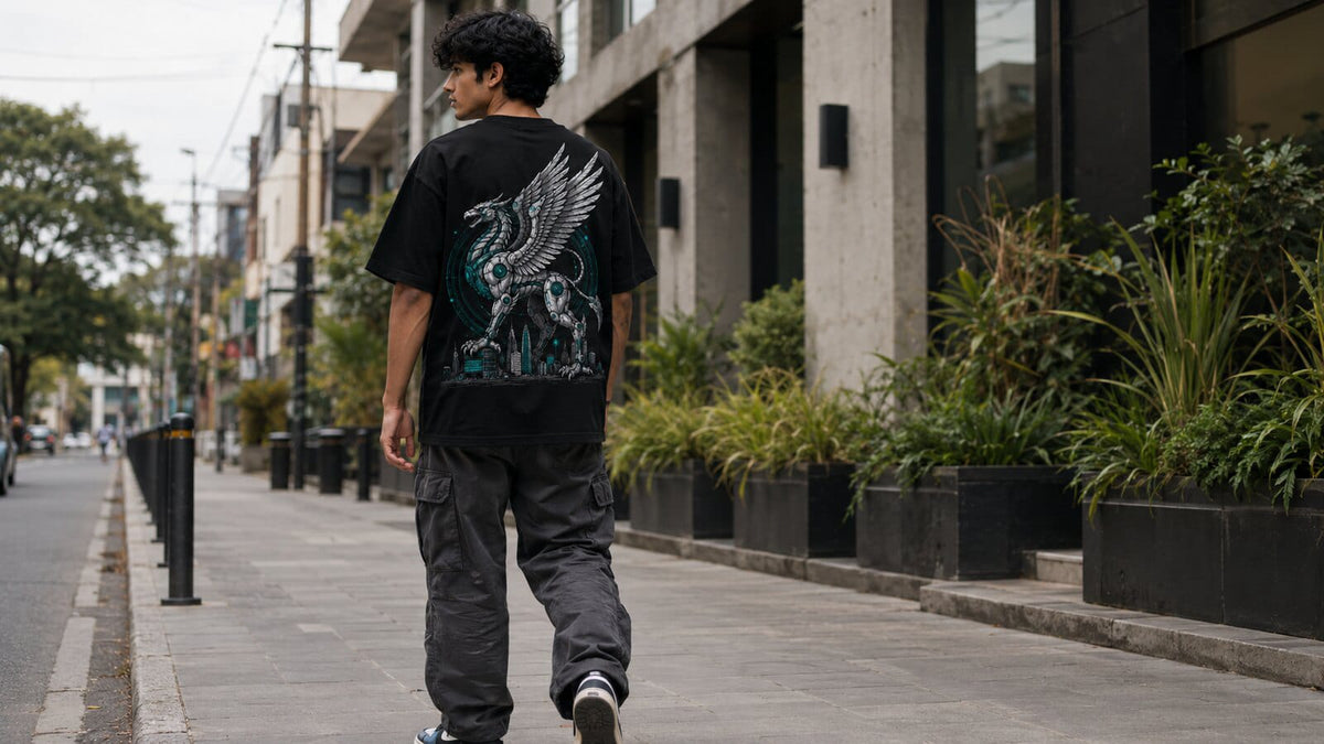 Man wearing a black LOWW LISTED oversized T-shirt with cargo pants in an Indian city