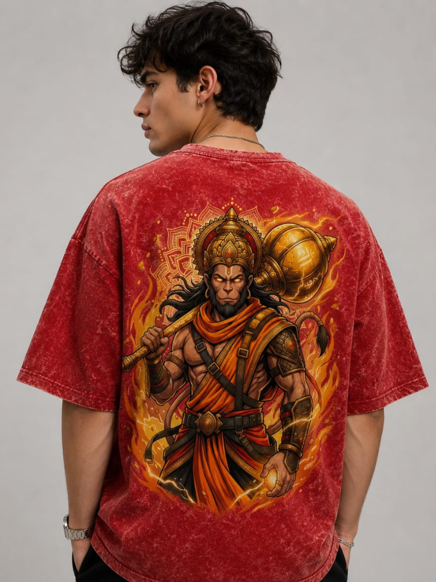 Hanuman Warrior Acid Wash Orange Oversized Graphic Printed T-Shirt
