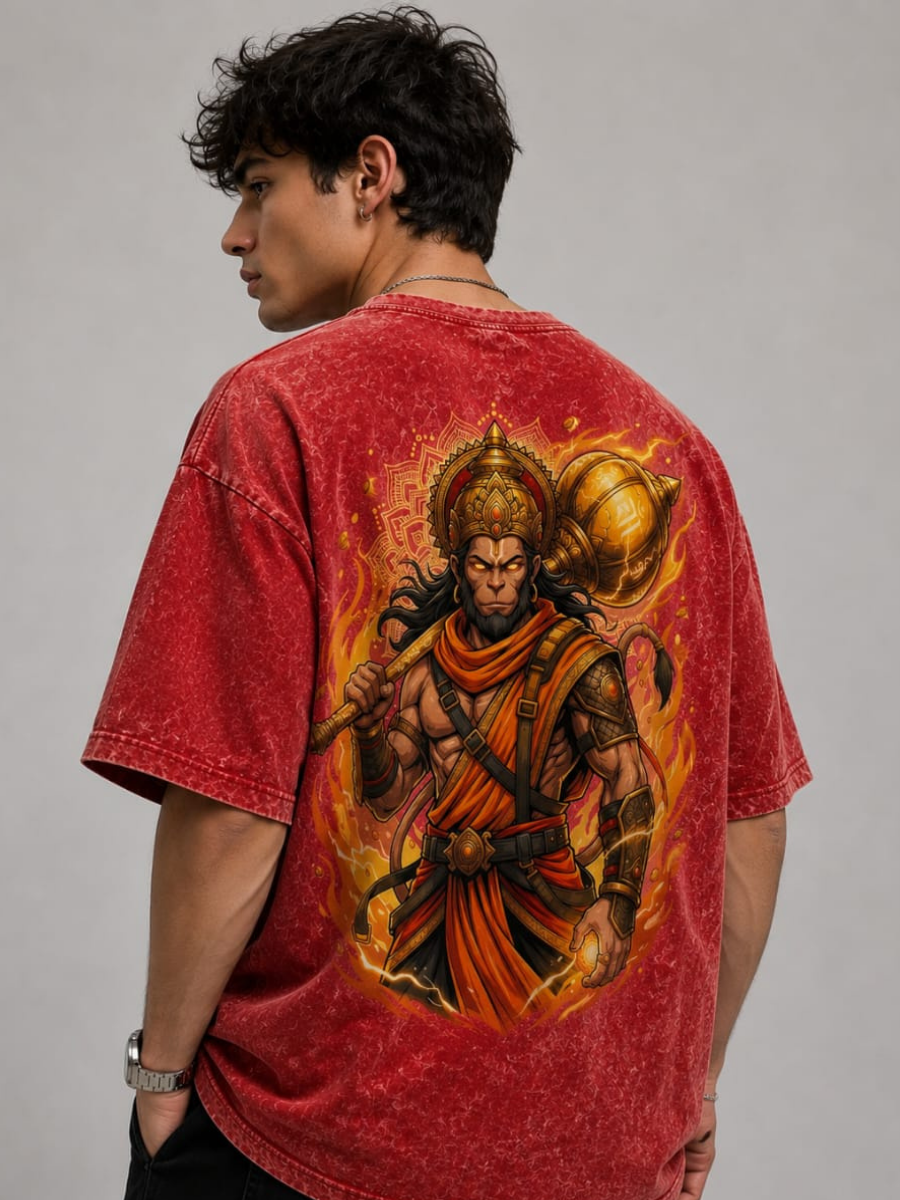 Hanuman Warrior Acid Wash Orange Oversized Graphic Printed T-Shirt