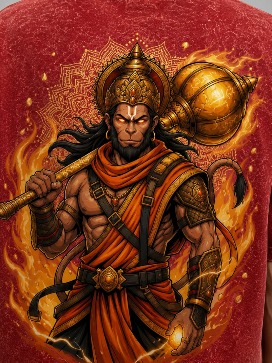 Hanuman Warrior Acid Wash Orange Oversized Graphic Printed T-Shirt
