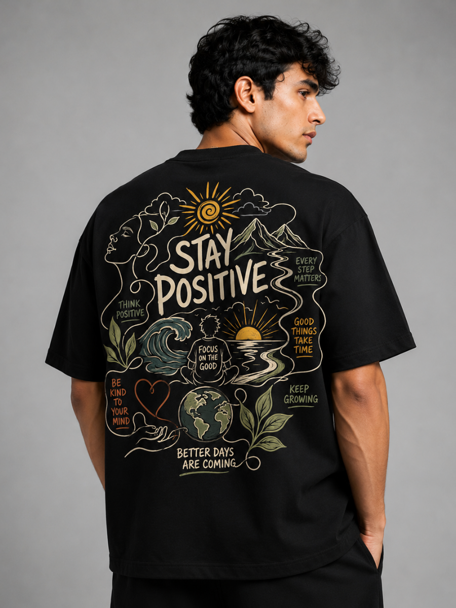 Stay Positive Black Oversized Graphic Printed T-Shirt