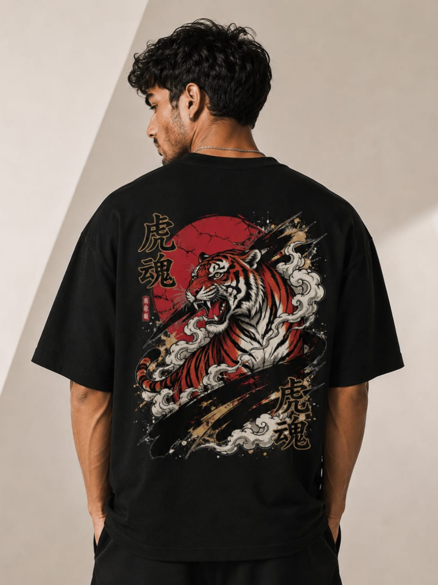Tiger Spirit Black Oversized Graphic Printed T-Shirt