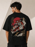 Tiger Spirit Black Oversized Graphic Printed T-Shirt