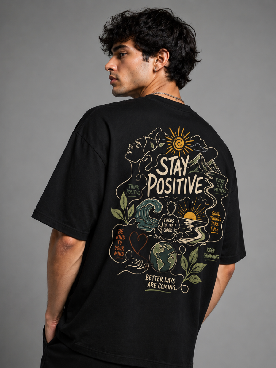 Stay Positive Black Oversized Graphic Printed T-Shirt