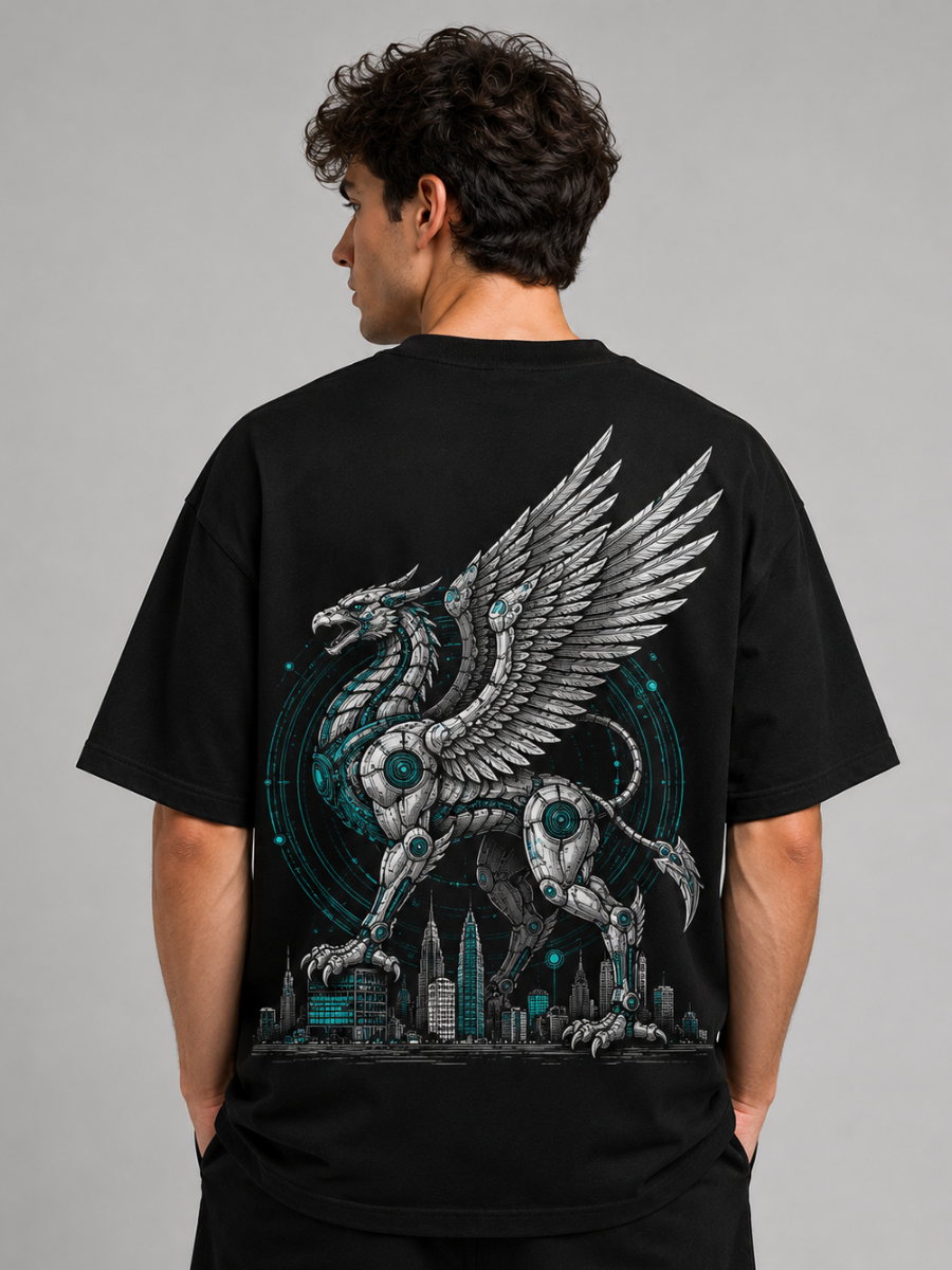 Cyber Pegasus Black Oversized Graphic Printed T-Shirt