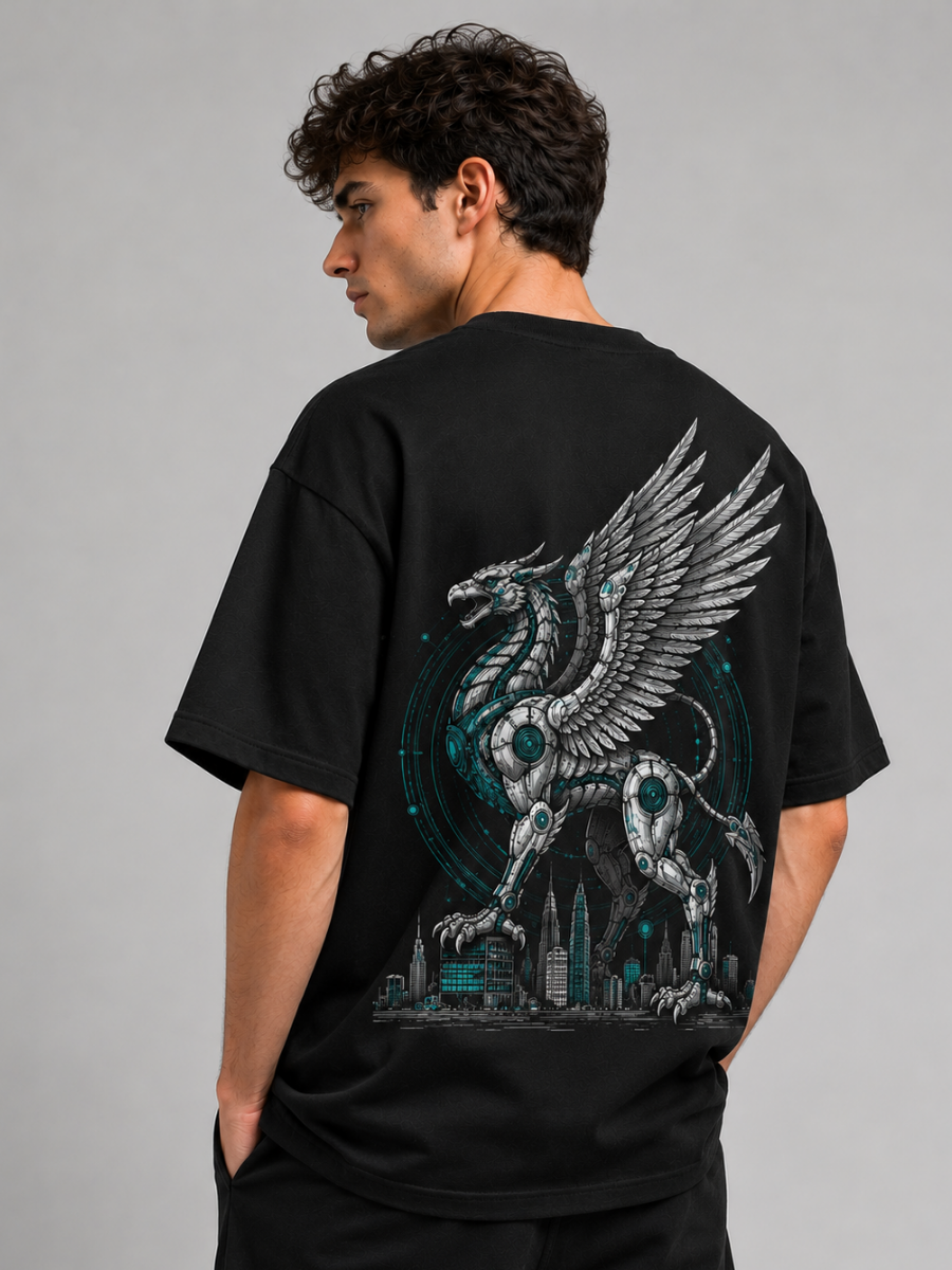 Cyber Pegasus Black Oversized Graphic Printed T-Shirt