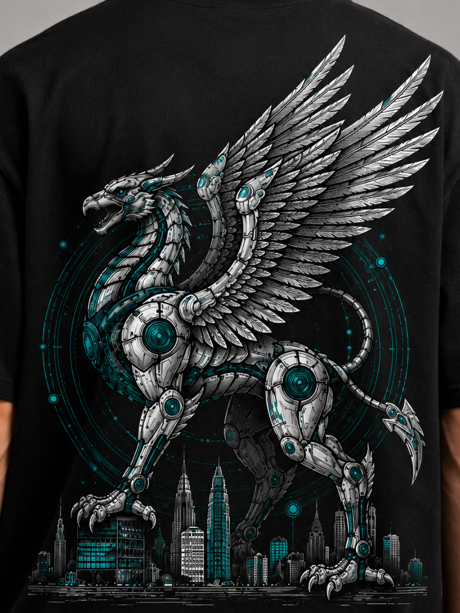 Cyber Pegasus Black Oversized Graphic Printed T-Shirt