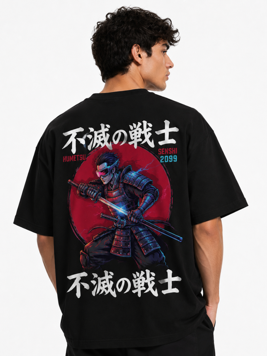 Immortal Warrior Black Oversized Graphic Printed T-Shirt