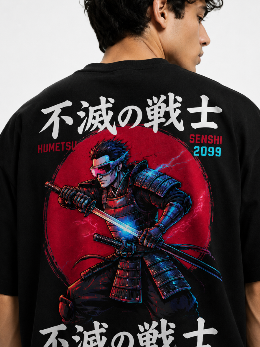 Immortal Warrior Black Oversized Graphic Printed T-Shirt