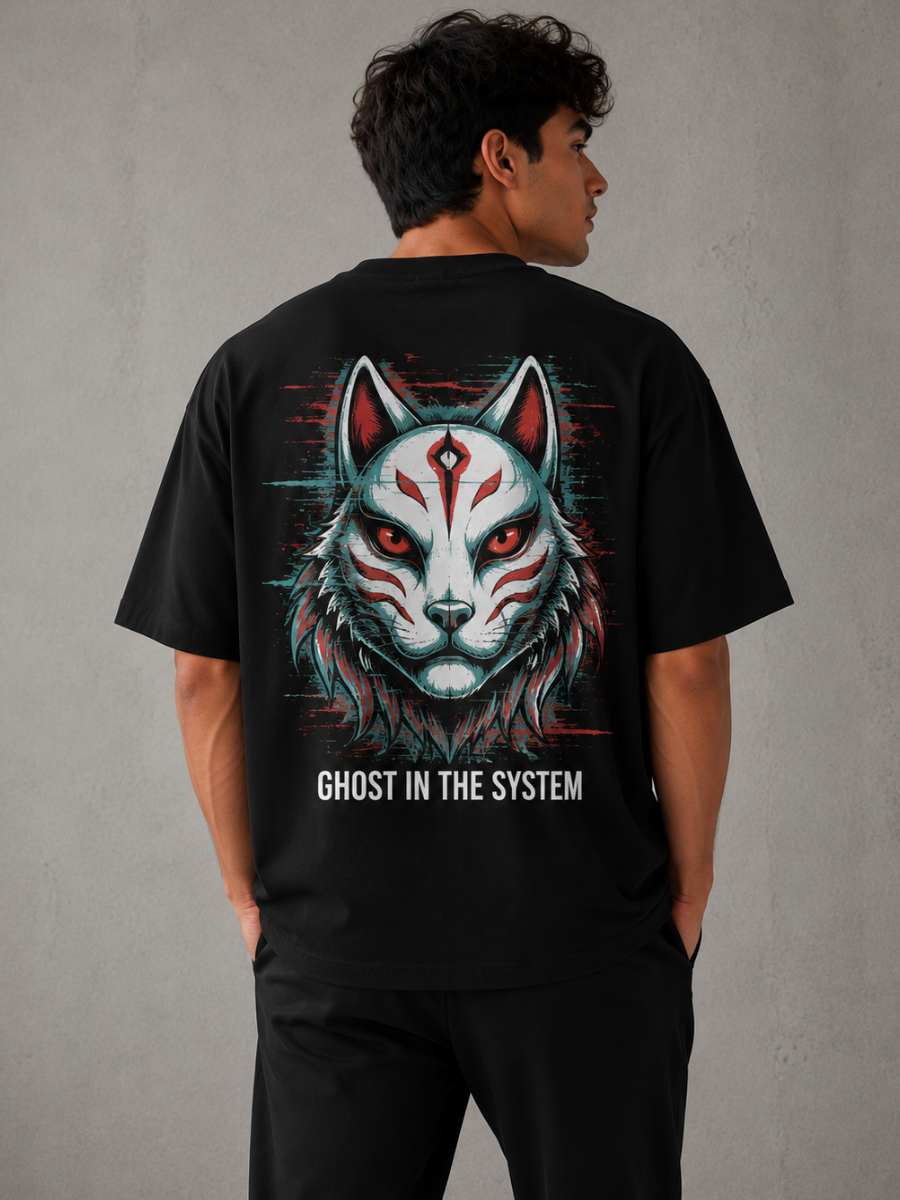 Ghost In The System Black Oversized Graphic Printed T-Shirt