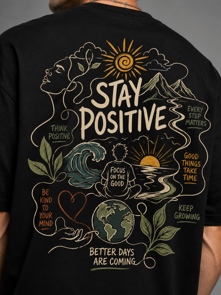 Stay Positive Black Oversized Graphic Printed T-Shirt