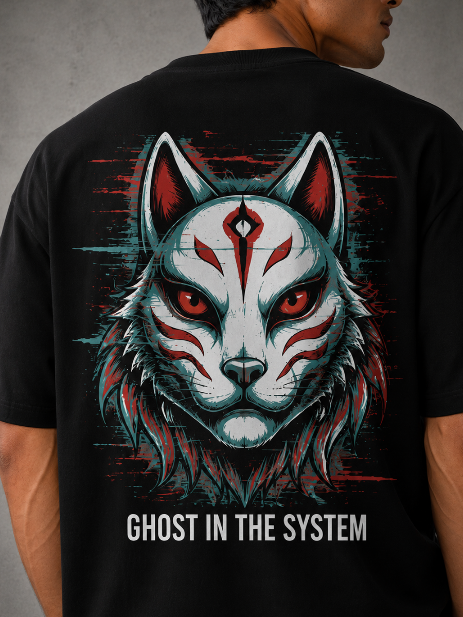 Ghost In The System Black Oversized Graphic Printed T-Shirt