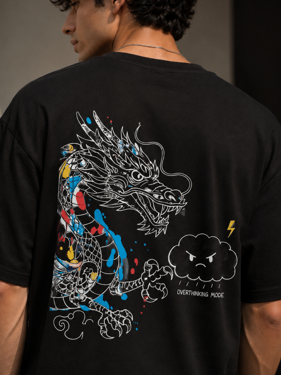 Overthinking Mode Black Oversized Graphic Printed T-Shirt