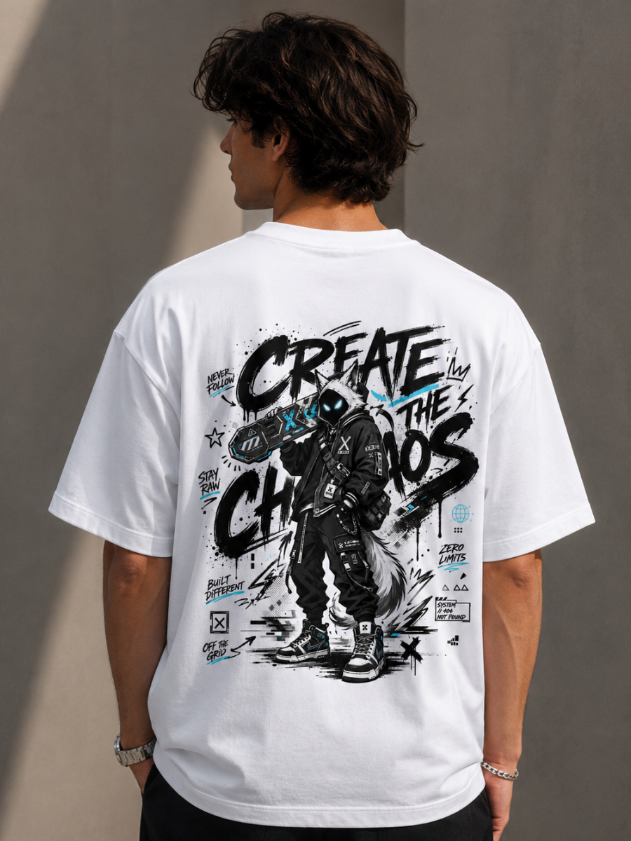 Create The Chaos White Oversized Graphic Printed T-Shirt