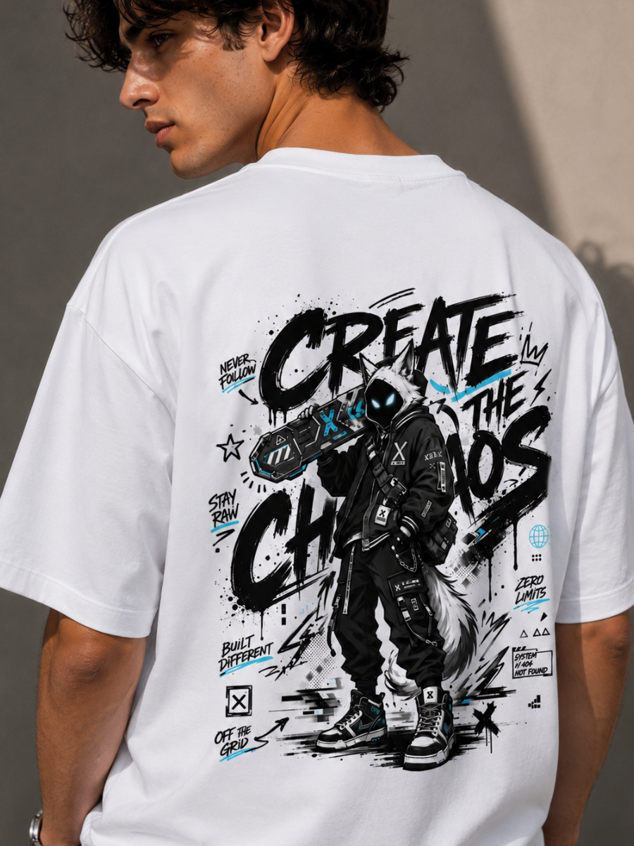 Create The Chaos White Oversized Graphic Printed T-Shirt