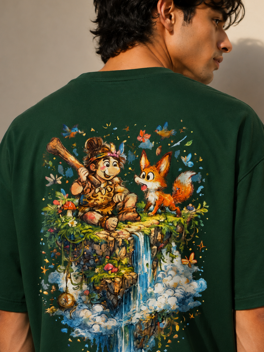 Wild Explorer Dark Green Oversized Graphic Printed T-Shirt
